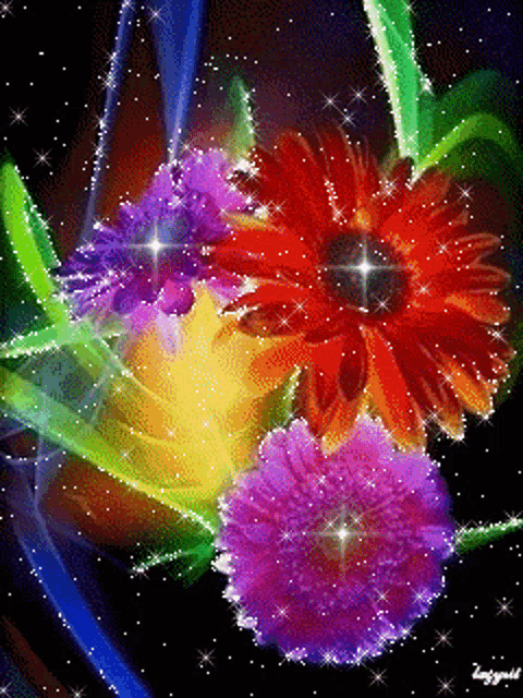 a bunch of colorful flowers on a black background with a watermark that says longgold