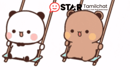 two teddy bears are sitting on a swing with a star tamilchat logo in the corner