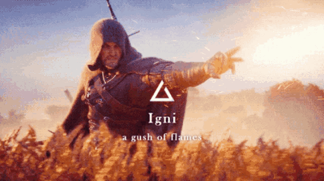 a man standing in a field with the word igni on the bottom right