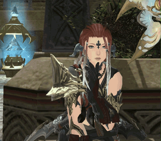 a woman with red hair and a cross on her forehead is in a video game