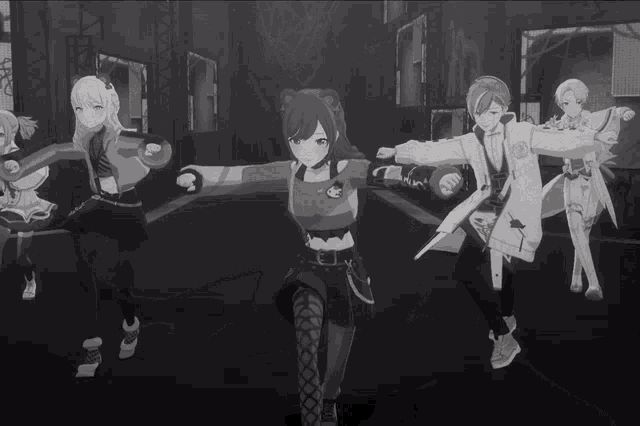 a group of anime characters dancing in a dark room