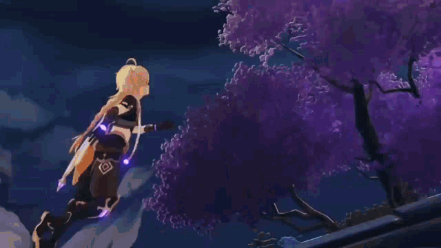 a person is standing in front of a purple lightning bolt in the dark .