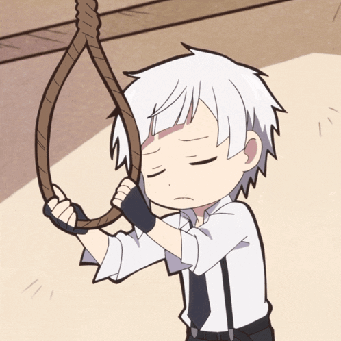 a cartoon character is holding a rope around his neck