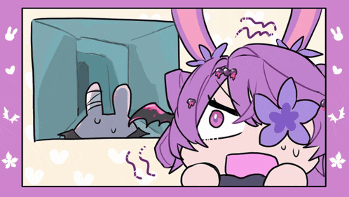 a cartoon drawing of a girl with purple hair and a bat on her head