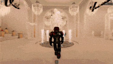 a screenshot of a video game shows a robot standing in a large room