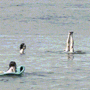 a man laying on a raft in the water with okay he 's done written on the bottom