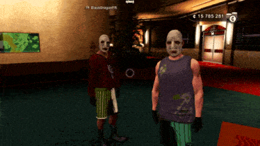 two men wearing face masks are standing next to each other in a room with a sign that says 15 785 261