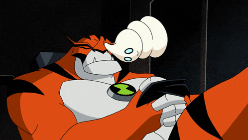 a cartoon character with a watch on his chest that says x on it