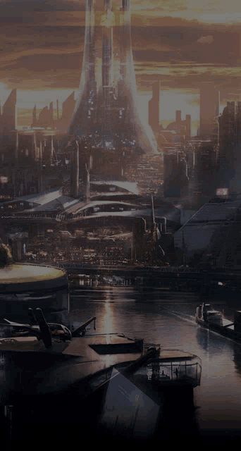 a painting of a futuristic city with a few boats in the water