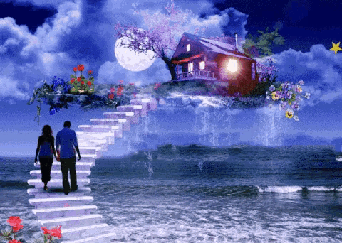 a man and woman walking up stairs to a house