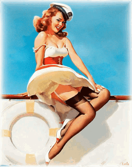 a painting of a woman sitting on a life preserver with leila written on the bottom