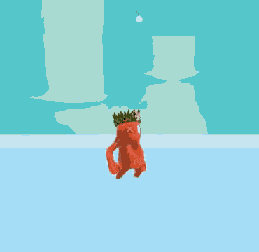 a red monster with a crown on its head is walking on a blue surface