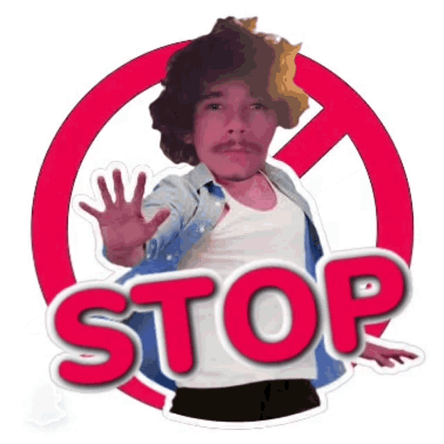 a sticker of a man with a stop sign in the background