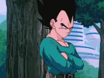 vegeta from dragon ball z is standing in front of a tree with his arms crossed and looking at the camera .