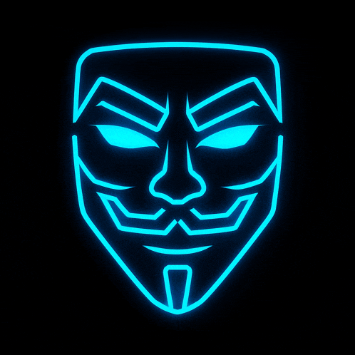 a glowing blue anonymous mask with a mustache on a black background