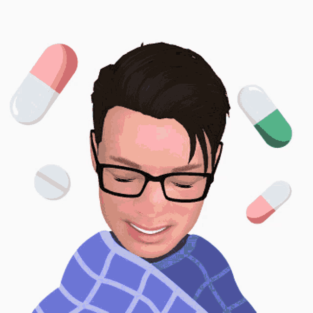 a man with glasses is wrapped in a blue plaid blanket with pills flying around him