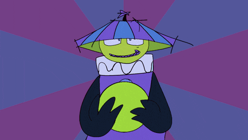 a cartoon character with a green face and a purple umbrella on his head