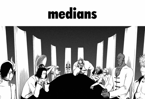 a group of people sitting around a table with the word medians on the top