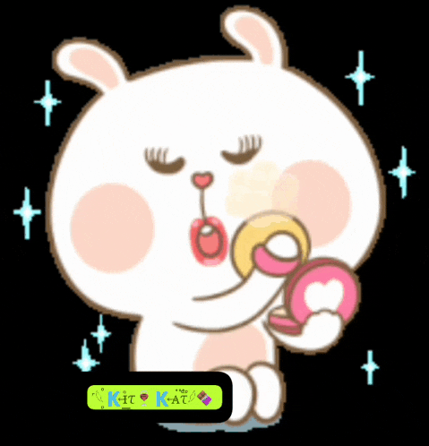 a cartoon of a rabbit applying makeup with a sticker that says " kit kat "