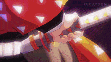 a close up of a person holding a sword with fugatoon written on the bottom right