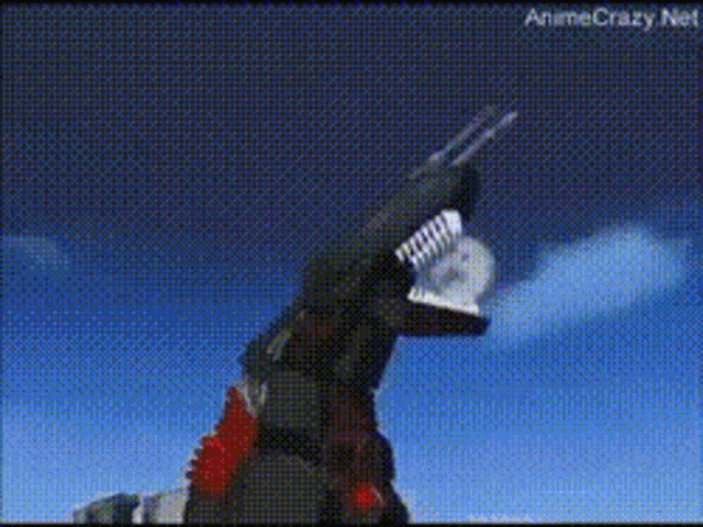 a picture of a robot with a blue sky in the background and the website anime crazy.net