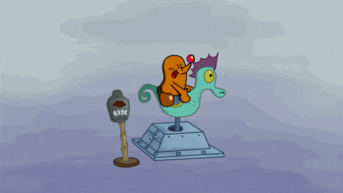 a cartoon character riding a seahorse next to a parking meter that says 4.29c