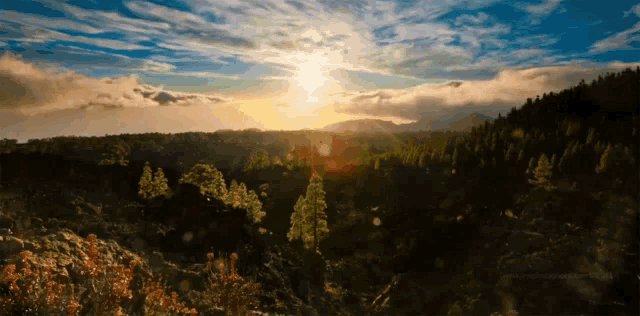 the sun shines brightly through the clouds over the trees