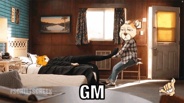 a cartoon of a man laying on a bed with the word gm written on it