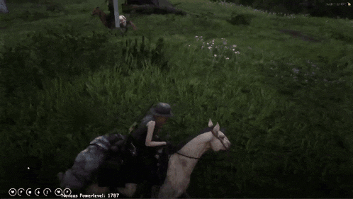 a screenshot of a video game shows a person laying on the ground next to a horse