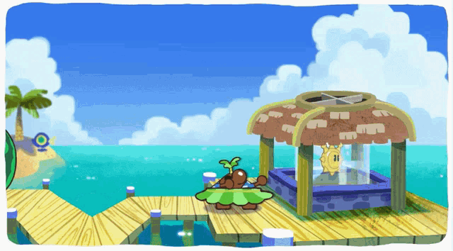 a cartoon drawing of a turtle standing on a dock next to a hut