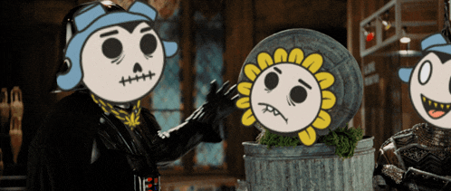 a cartoon character standing next to a trash can that has a sunflower on it