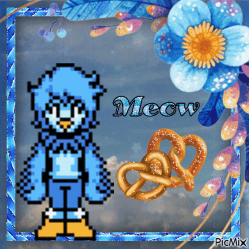 a pixel art of a blue bird with the word meow written on it