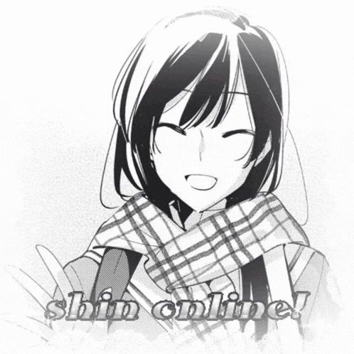 a black and white drawing of a girl with the words shin online on the bottom