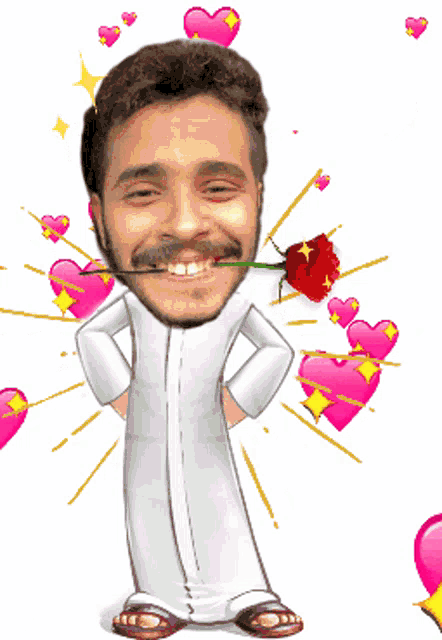 a caricature of a man with a rose in his mouth