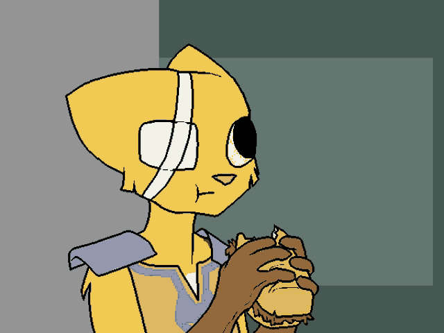 a cartoon of a cat with a bandage on its eye eating a hamburger
