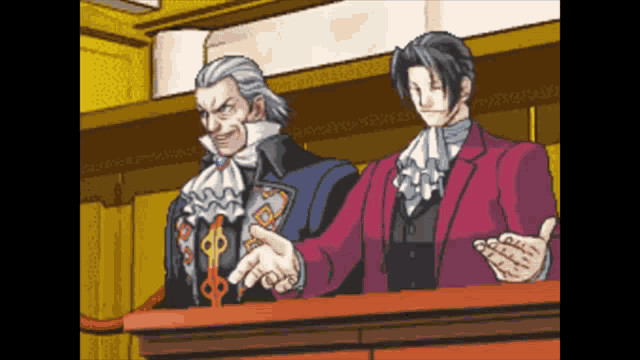 a cartoon of two men sitting at a podium with one pointing at something