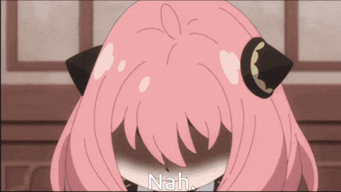 a girl with pink hair and black ears is smiling with the word nah below her