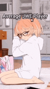 a girl with glasses is kneeling on the floor with the words average jwe player above her