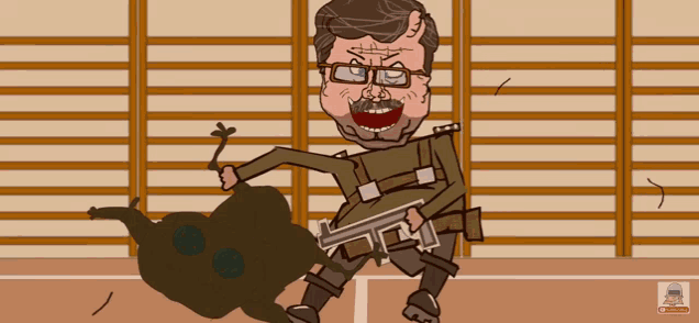 a cartoon of a man holding a gun and a bag