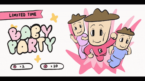 a limited time advertisement for baby party shows three babies wearing hats