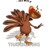 a cartoon turkey is dancing with the words `` happy thanksgiving '' below it .