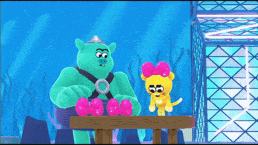 two cartoon characters are standing next to each other and one has the number 66 on its face