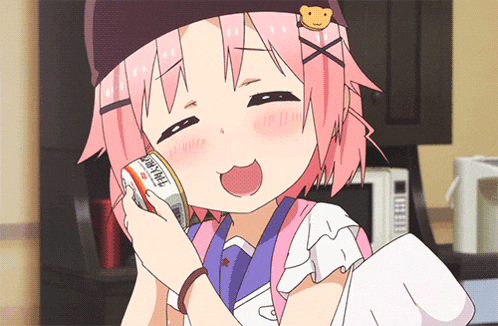 a cartoon girl with pink hair is holding a can of food