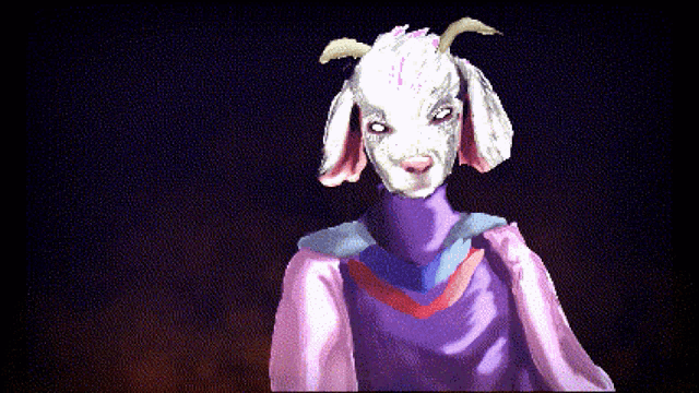 a pixel art drawing of a goat wearing a pink and blue outfit