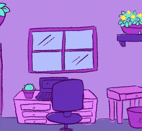 a drawing of a purple room with a cat sitting in front of a desk