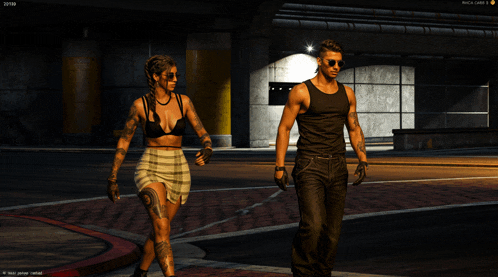 a man and a woman are walking down a street in a video game which says rock games on the bottom