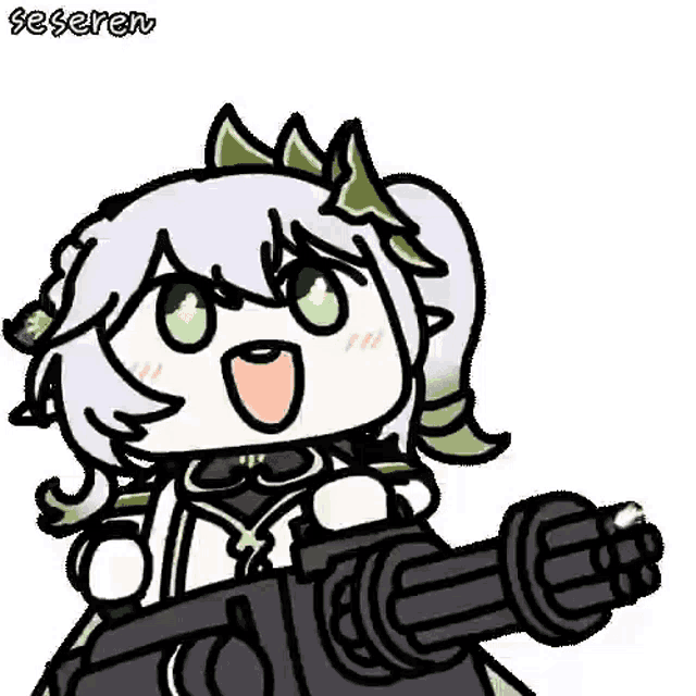 a cartoon girl is holding a gun in her hand .