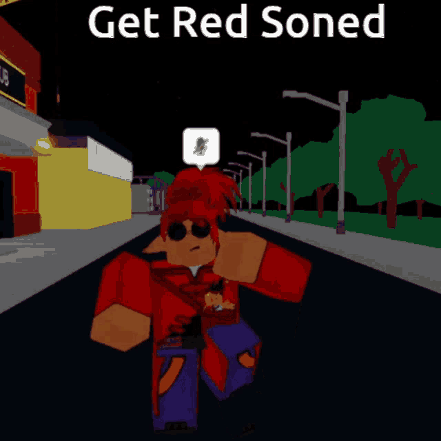 a cartoon character walking down a street with the words get red soned