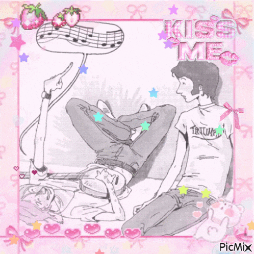 a drawing of a man and a woman with the words kiss me on the bottom