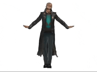 a man in a black trench coat and sunglasses is dancing .